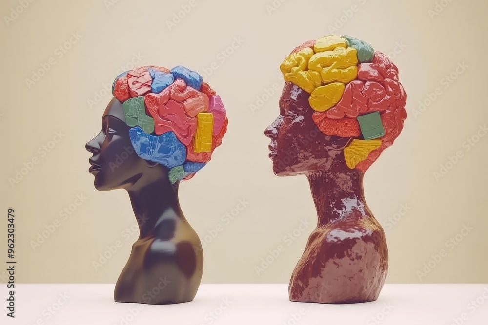 Poster collaborative thinking brain stimulation artistic sculpted heads in vivid colors with puzzle brains 