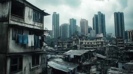 Obraz premium Urban Contrast: Slum and Cityscape