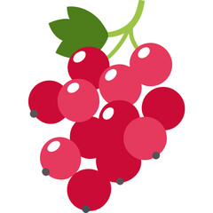 A stylized illustration of a bunch of red grapes with a green leaf on a vine