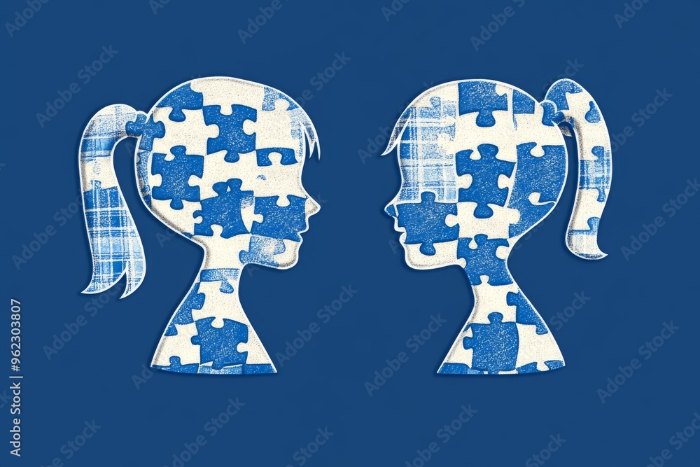 Poster neurocognitive interaction brain stimulation abstract profiles of two puzzle shaped heads with missi