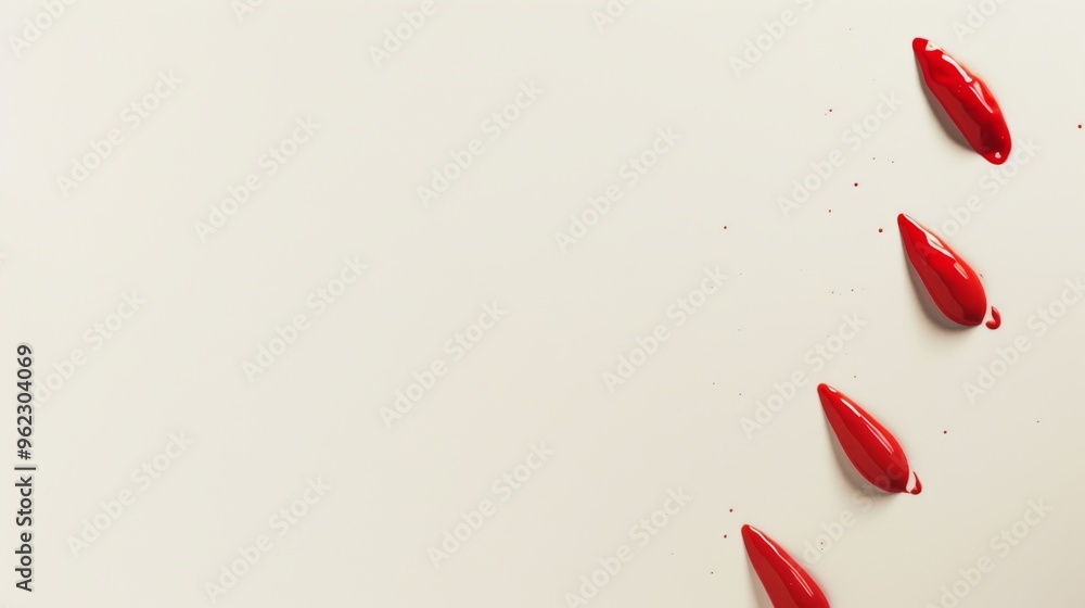 Poster red paint droplets are scattered across a clean white background, creating a striking and minimalist