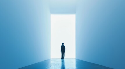 Obraz premium A lone figure stands silhouetted against a bright light at the end of a minimalist corridor. The scene is bathed in cool blue tones, evoking a sense of mystery, contemplation, and new beginnings.