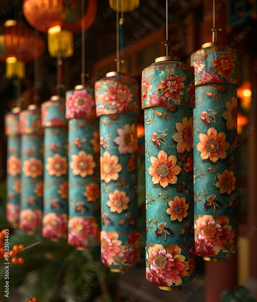 Poster a row of colorful lanterns.