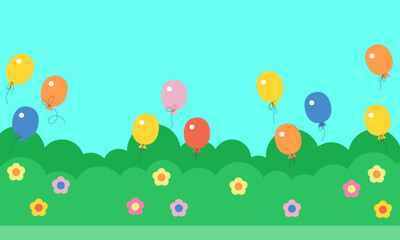 Flowers, green grass, sky and balloons. Positive background for children. Cute design with summer vibe. Landscape with balloons in the sky. Cheerful atmosphere. Positive background for kids, children