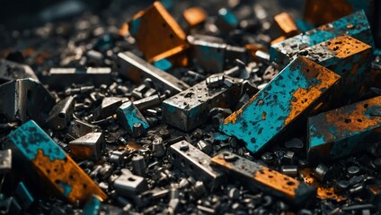 Abstract industrial backdrop with vibrant metal fragments, text-ready.