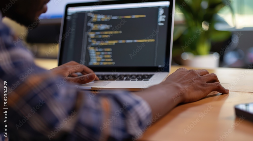 Poster close-up of programmer working on laptop.