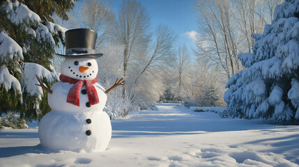 Obraz premium A classic snowman with a black top hat and red scarf standing in a picturesque snowy landscape with tall trees under the winter sun