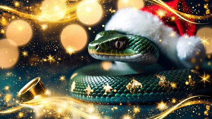 Snake in a Santa hat on a festive Christmas or New Year background