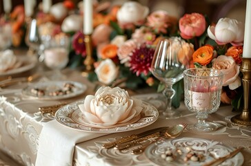 a table with flowers and candles. 