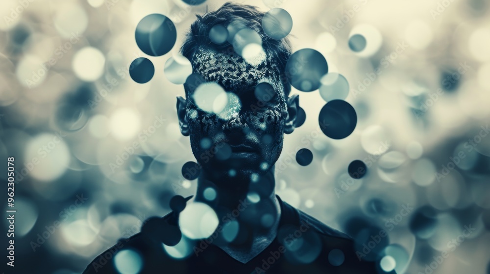 Poster an artistic abstract portrait of a man, with his face obscured by floating bokeh lights, creating a 