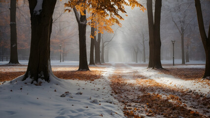 Autumn leaves in snow in the old park