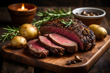 Grilled meat with mushrooms, potatoes and rosemary in close-up on an old cutting board.