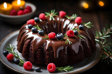 Christmas chocolate bundt cake with fresh berries and rosemary on wooden table. Christmas or New Year baking.