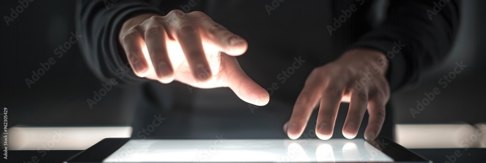 Poster a man demonstrates a spreading motion on the touchscreen of a digital tablet. includes clipping path