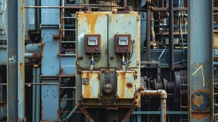 A close-up of a rusted power box with peeling paint and visible wear in an industrial environment. The image emphasizes the decay and abandonment of industrial infrastructure, offering a gritty and