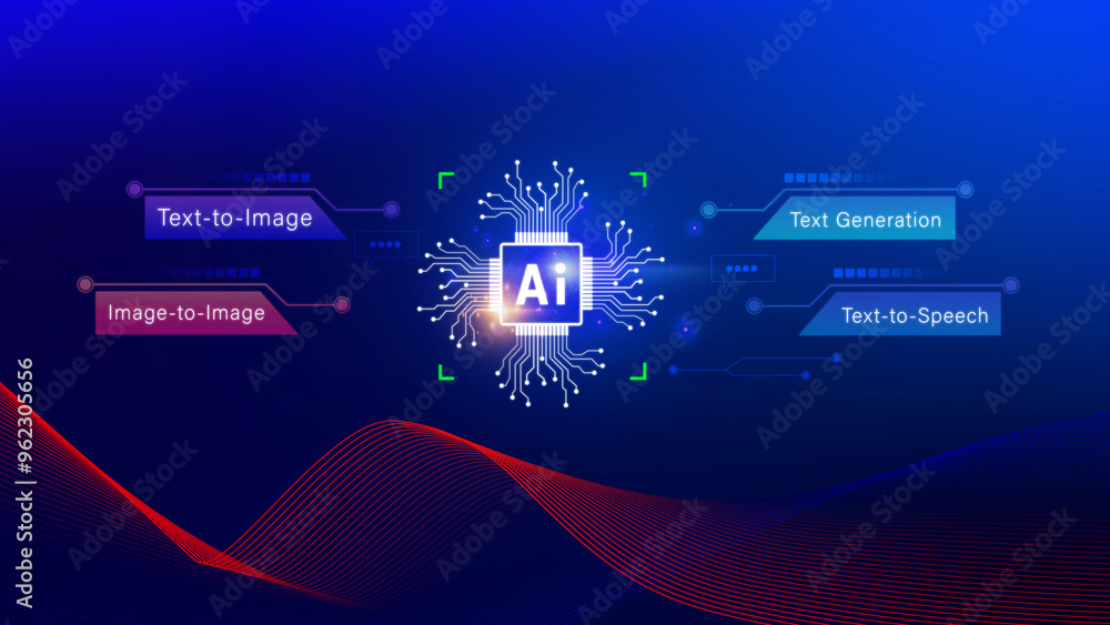 Poster ai tech, artificial intelligence to generate content, text to image, speech, smart ai, using command
