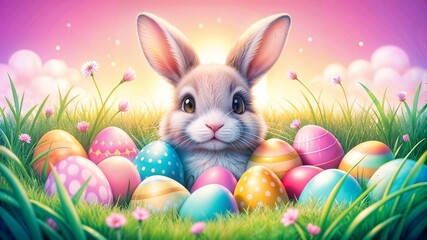 Cute Bunny Surrounded by Colorful Easter Eggs on Grass Background