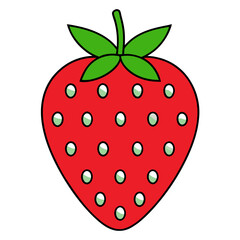 Illustration of a red strawberry with white seeds and green leaves