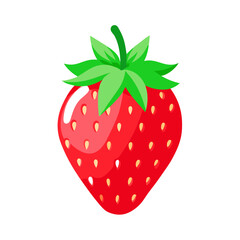 A vibrant illustration of a single red strawberry with green leaves and seeds