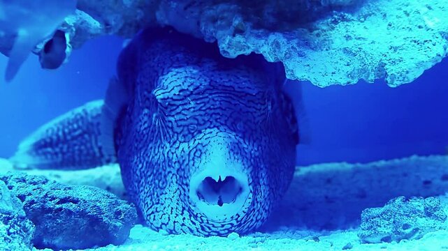 map pufferfish under a rock in an aquarium with its mouth open