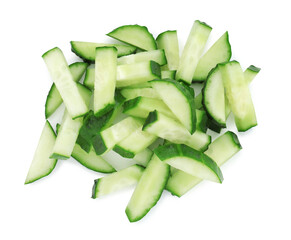 Pieces of fresh cucumbers isolated on white, top view