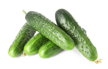 Pile of fresh cucumbers isolated on white, above view