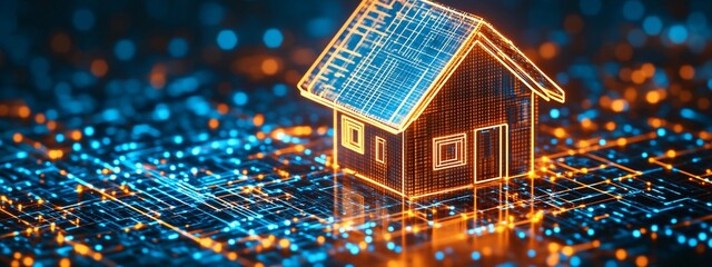 Obraz premium Futuristic Smart Home Hologram - Digital House Icon on a Sci-Fi Tech Background