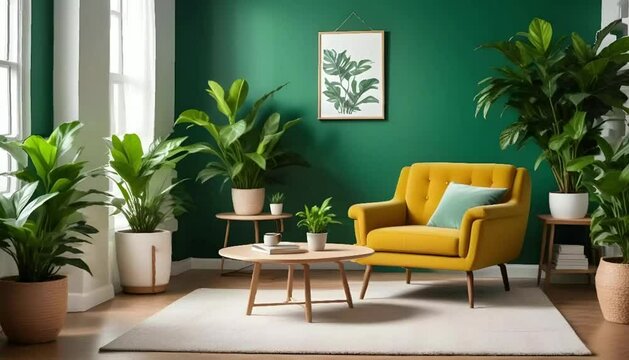 Comfortable armchair near coffee table with green plants and frames in modern living room