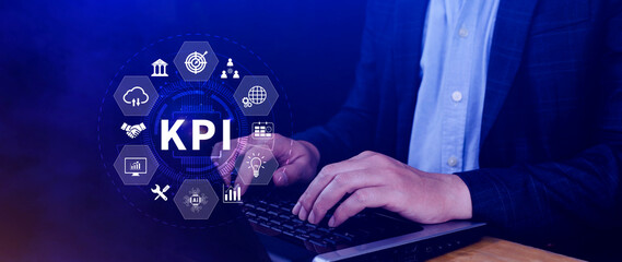 KPI, Key Performance Indicator concept, Management data System KPI connected database follow earnings, operations and sales data, Financial business data analytics graph dashboard.