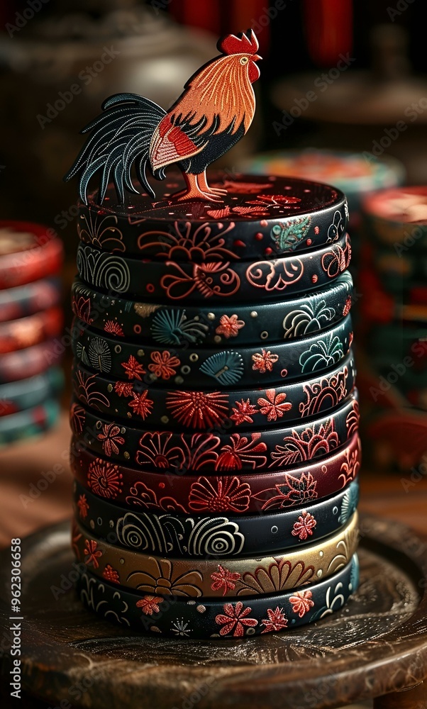 Poster a stack of round objects with a bird on top.