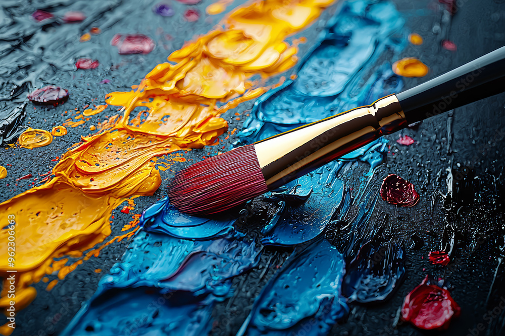 Poster paint splatters on a canvas from an artist's creative process, showing artistic expression and techn