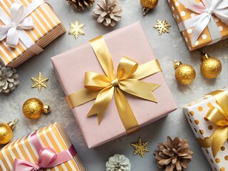 A flat lay of beautifully wrapped Christmas gifts with gold and pink ribbons, surrounded by golden ornaments, snowflakes, and pinecones, set on a festive background.