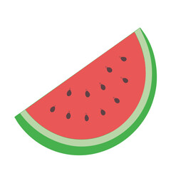 A slice of watermelon with black seeds on a white background