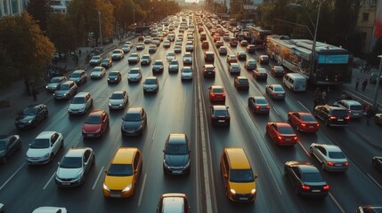 Busy Urban Traffic at Sunset