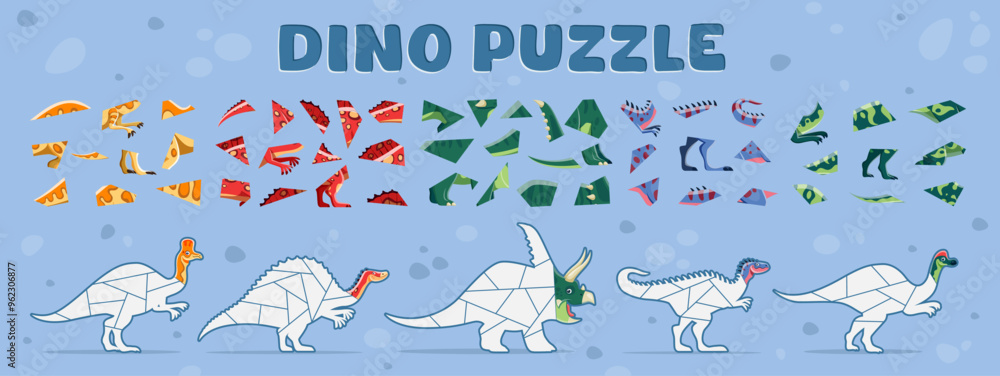 Aufkleber prehistoric dinosaur animal jigsaw puzzle maze game. vector educational worksheet and fun activity f