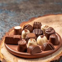 An assortment of white and dark brown chocolates decorated with almonds and arranged in a layer...