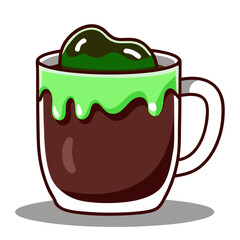Illustration of a cup with dripping green slime and brown contents, resembling a monster-themed beverage