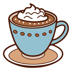 Illustration of a decorated turquoise cup with whipped cream on top, on a saucer