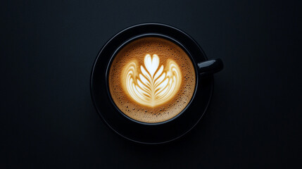 Artfully crafted latte with intricate heart and leaf design served in a black cup on a dark surface during the morning hours
