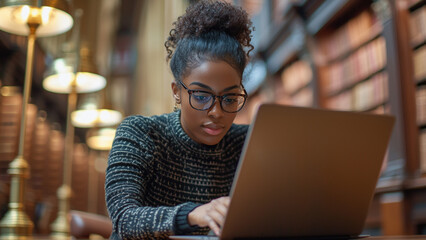 Obraz premium African American Woman studying on her laptop on the campus library, Generative AI
