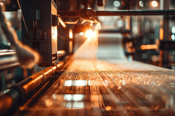 Photo of cotton threads being woven into fabric on a loom, with detailed textures and a blurred background of the textile factory, bright and focused lighting