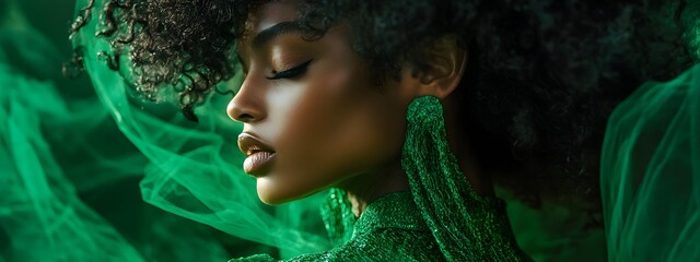 A Black woman with an updo hairstyle, wearing green and posing for the cover of magazine