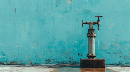 A rustic, vintage water pump is seen against a weathered turquoise wall, with a subtle stream of water dripping. The minimalist composition and muted colors evoke a sense of history and simplicity