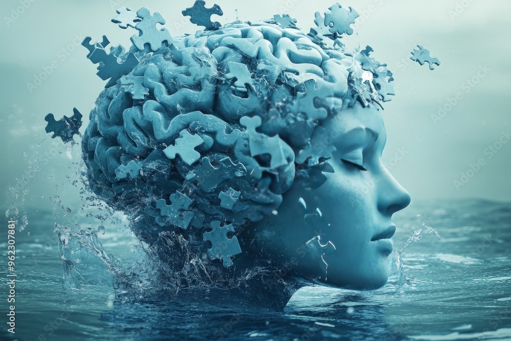 Poster shared neural network neuroethics stone like sculpture of a womans head disintegrating into puzzle p