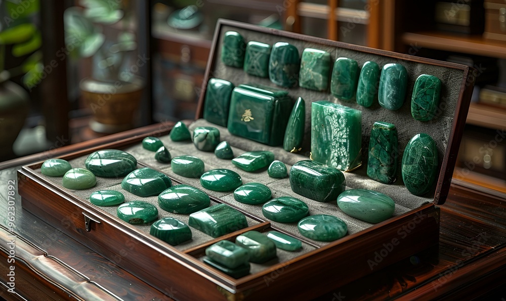 Poster a display case with different shapes of green stones.