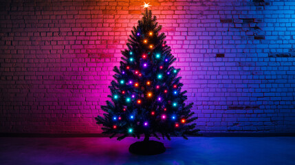 black christmas tree with vibrant neon ornaments and glowing lights against an industrial brick wall, setting a trendy and edgy holiday scene
