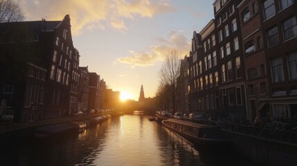 Fototapeta premium Sunset Over Amsterdam Canal