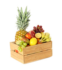 Many different fresh fruits in wooden crate isolated on white