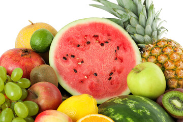 Many different fresh fruits isolated on white