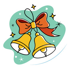 Two golden bells with a red bow and twinkling stars on a teal background